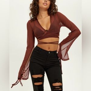 Brown Mesh Tie Wrap Long Sleeve Crop Top